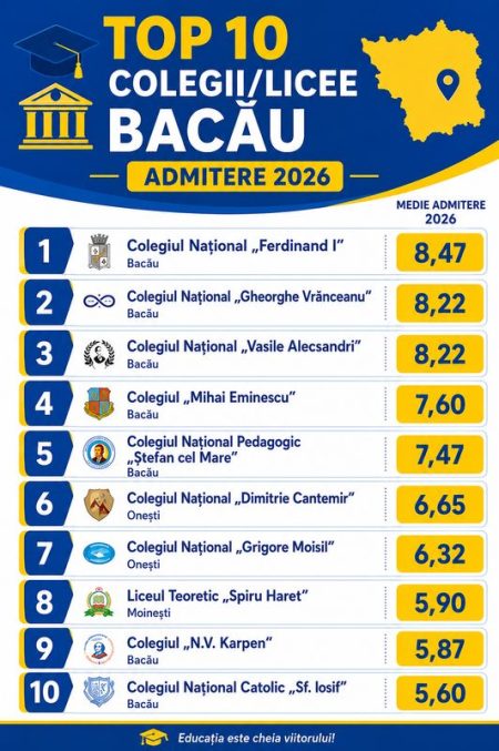 Top 10 licee și colegii din județul Bacău, la Admiterea 2026