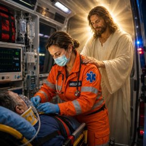 Asistentă medicală în ambulanță cu pacient, îngrijind un bărbat grav bolnav.