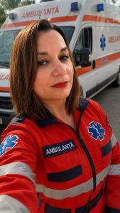 Femeie asistentă medicală în uniformă în fața ambulanței.