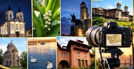 Fotografie cu peisaje și monumente din Bacău, inclusiv biserici și peisaje lacustre.