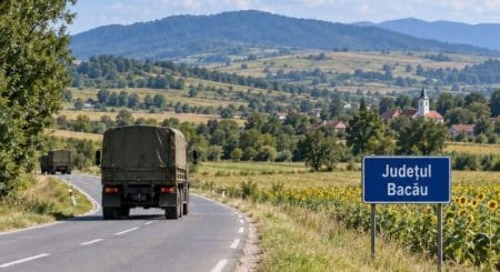 Camion militar pe drumul din județul Bacău, peisaj rural.