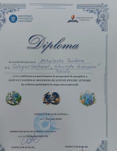 Diploma pentru elevă din Bacău pentru performanță la olimpiadă.