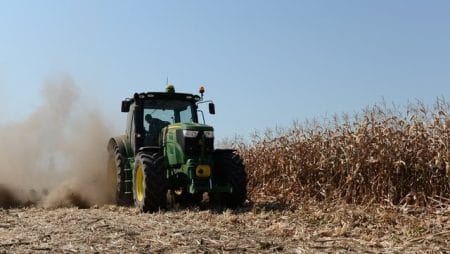 Editorial | Cerealele românești, lăsate pe linie moartă, agricultorii, trimiși spre faliment Tractor verde în câmp de porumb, pregătit pentru recoltare.