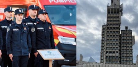 Patru pompieri de la ISU Bacău au cucerit „Scările” de la Satu Mare: au urcat 10 etaje cu 35 kg de echipament în spate Pompieri de la ISU Bacău urcând scările cu echipament greu.
