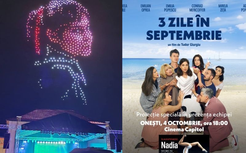 „Nadia” vine acasă: Avanpremieră exclusivă a documentarului lui Tudor Giurgiu, duminică, la Cinema Capitol Onești Imagine cu proiecția unui portret luminat al Nadiei pe cer.