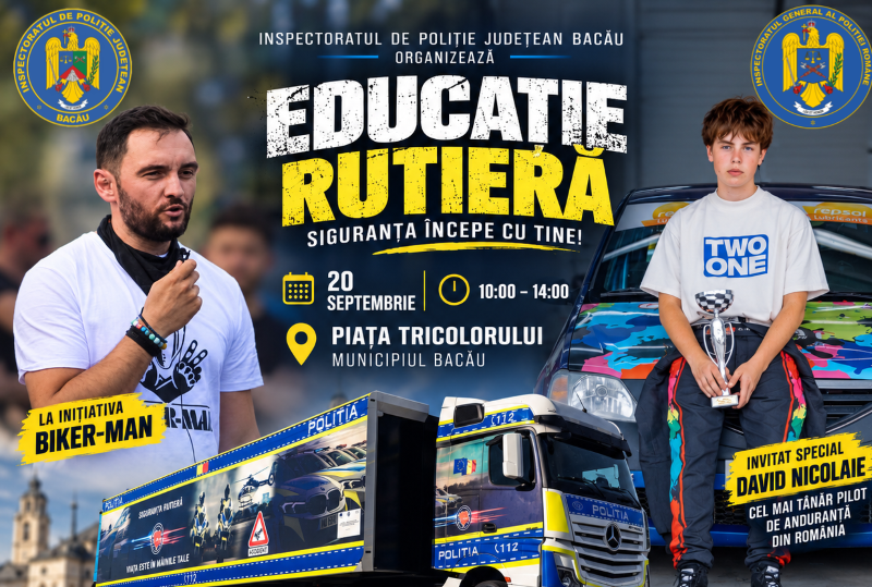 Caravana Educației Rutiere a Poliției Române ajunge în Bacău: simulatoare auto și invitați speciali în Piața Tricolorului poli