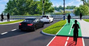 Pista ciclabilă și trotuare modernizate în Bacău, cu piste roșii și verde pentru biciclete.