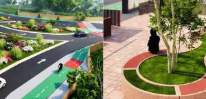 Piste de biciclete și spații pietonale într-un parc din Bacău, imagine de proiect de infrastructură.