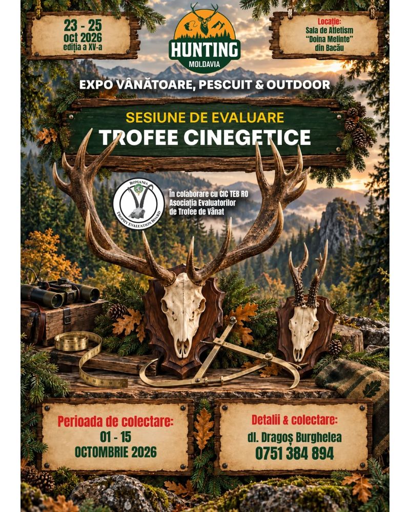 Eveniment de vânătoare și pescuit în Bacău, cu trofee cinegetice și evaluări.