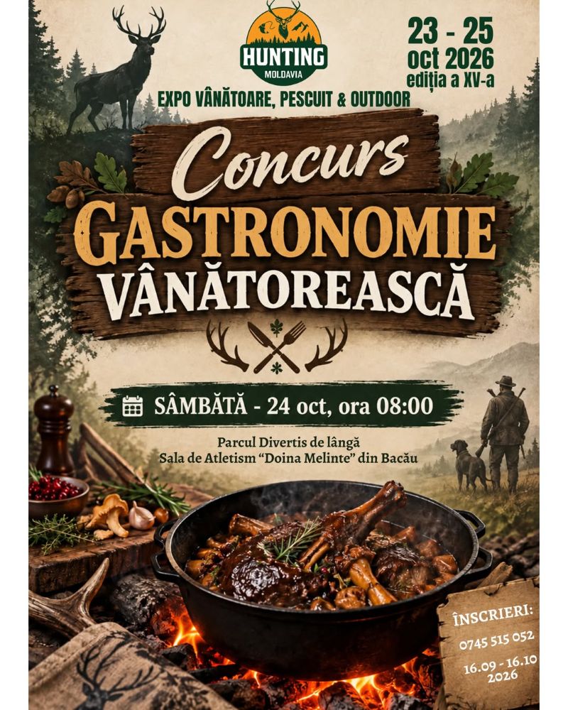 Eveniment gastronomic de vânătoare în Bacău, cu preparate tradiționale și concurs de gătit.