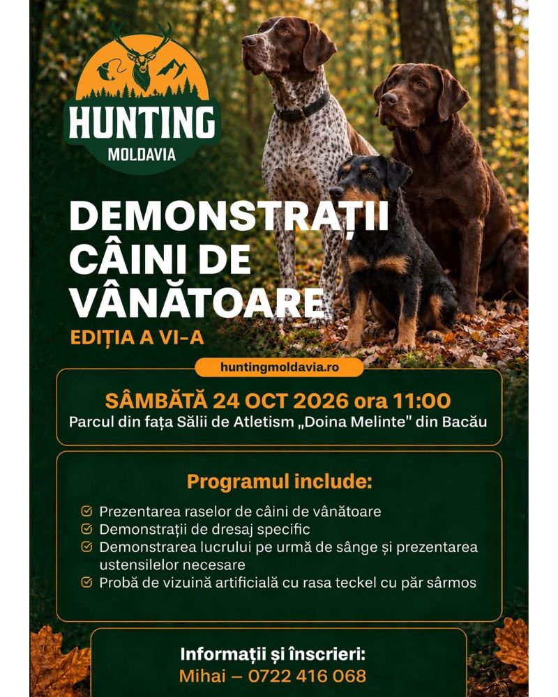 Eveniment vânătoare în Bacău cu demonstrații și prezentări de câini de vânătoare.