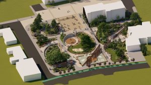 Vedere aeriana a noului Parc Central din Moinești, cu zone pentru plimbare și spații verzi.