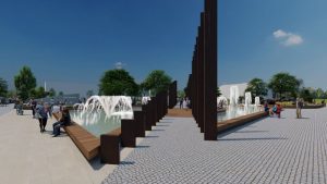 Vedere în ansamblu a noului Parc Central cu fântâni și arce arhitecturale.