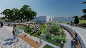 Locuitori în parc modern cu plante, alei pietonale și spații de relaxare în Moinești.