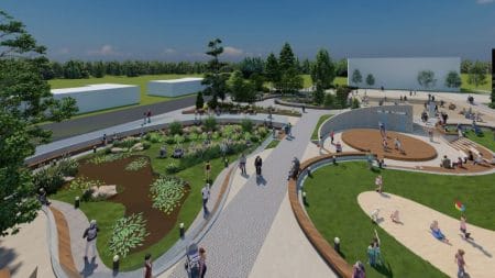 Foto/Locuitorii din Moinești devin arhitecții propriului oraș: cum va arăta noul Parc Central creat după ideile comunității Arcade de plimbare și zone verzi în parc, cu oameni și copii, design modern.