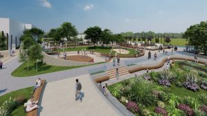 Vedere panoramică a noului Parc Central cu alei, zone de relaxare și plante ornamentale.
