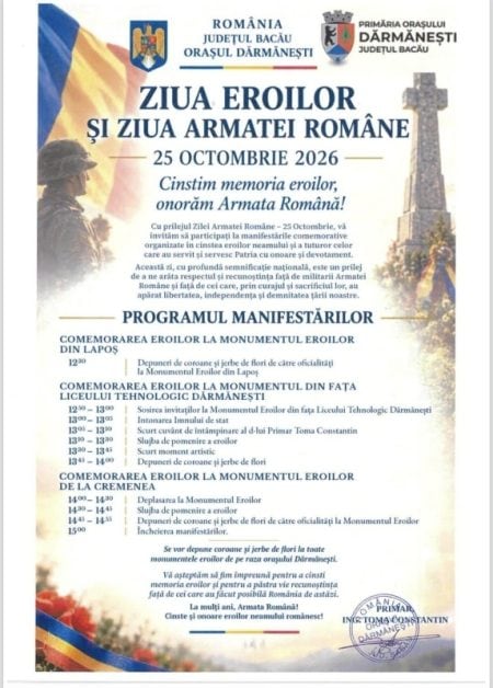 Eveniment dedicat Zilei Armatei Române și eroilor naționali în Dărmănești.