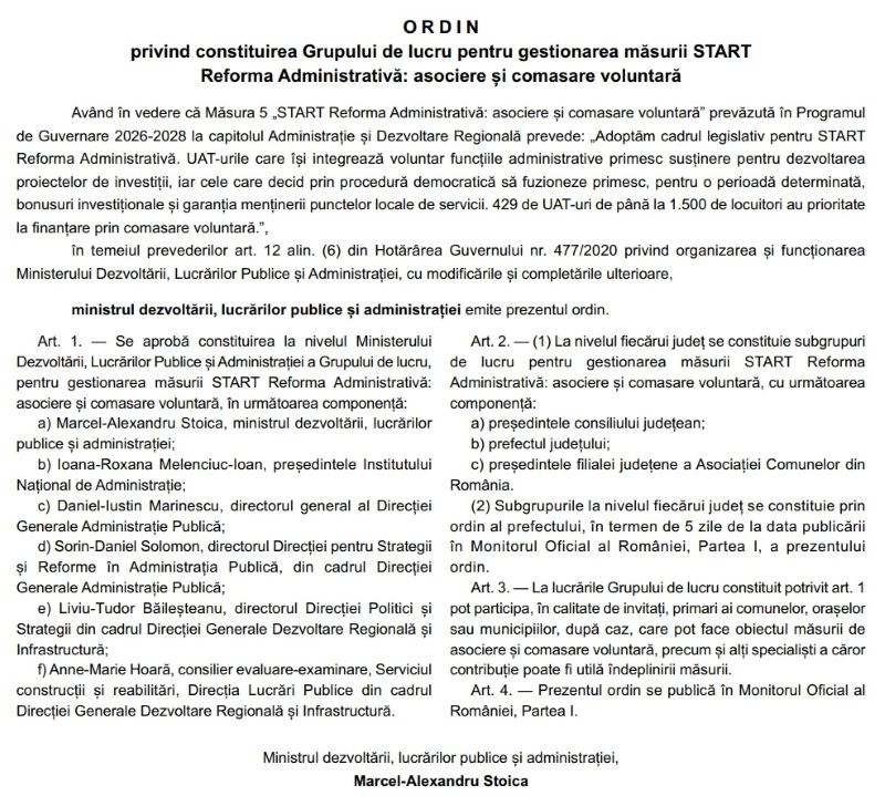 Text documentară ordon despre reorganizare administrativă în Bacău, comunе și comasare.