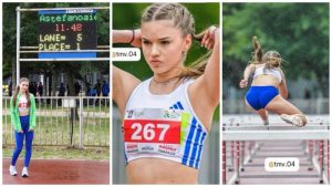 Delia Aștefănoaie în concurs, alergare pe pistă și săritoare înatalog.