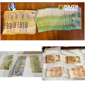 Bani în bancnote de 200 și 50 de lei, confiscate de poliție.